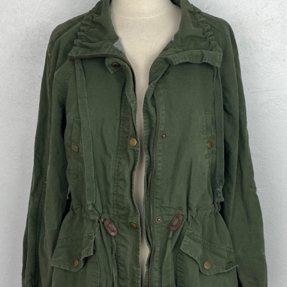 Ann Taylor Loft Women Utility Jacket Olive Green Cot/Linen Zip Snap Size Large P